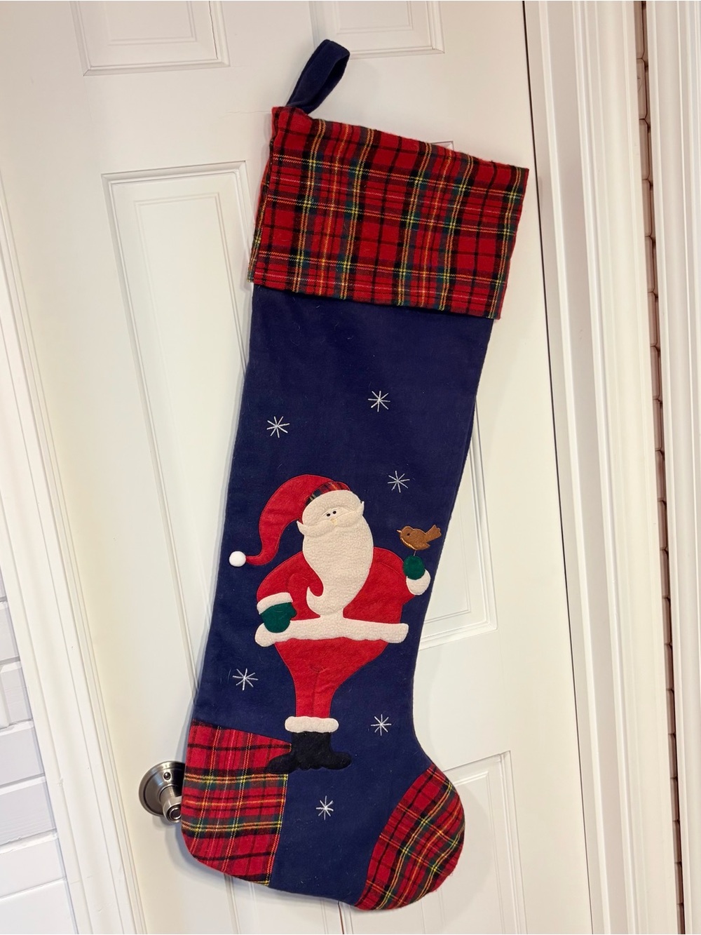 Oversized Christmas Stocking Santa Appliqué Plaid Tartan Fleece Embroidered VTG